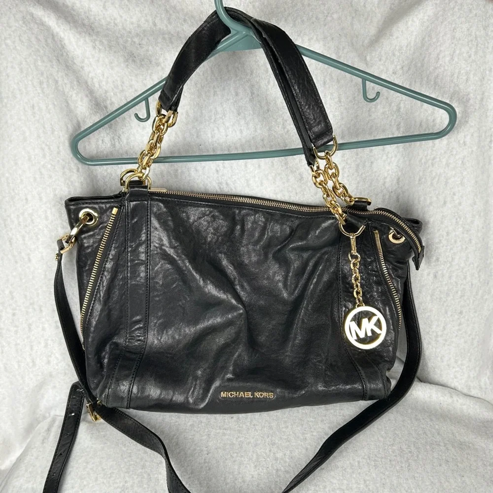 Michael Kors Shoulder‎ Bag Womens Medium Black Leather Gold Chain Strap Slouchy